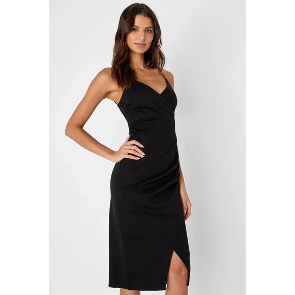 NEW Lulus Black Bodycon Midi Dress Sexy LBD L Large Ruched Side Women's Cocktail - Picture 2 of 12